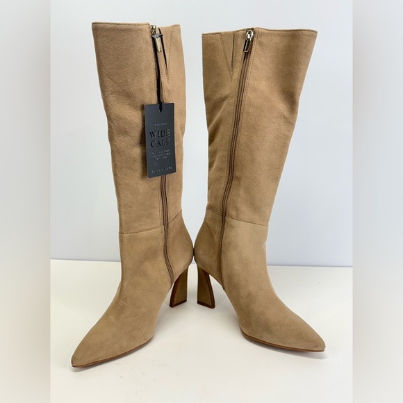VINCE CAMUTO Tan suede TRESSARA wide calf heeled tall riding boots size 6.5 - Picture 1 of 9